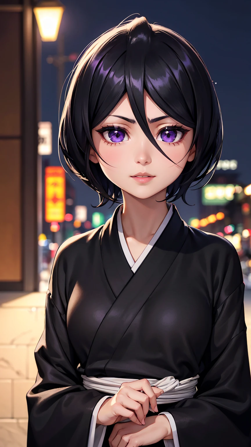 Well done work highly detailed with high resolution, sharp lines and colors perfect lighting detailed face, detailed hair detailed eyes detailed nose detailed lips, a beautiful girl with short black hair, purple eyes with a short smile wearing a black kimono, city at night, Rukia Kuchiki.