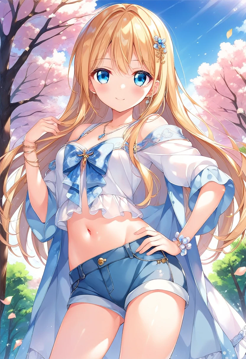 Semi-long and blue、blue eyes、beautiful girl、Smiling、A middle school girl with slanted eyes、A light jumper and shorts、tall、Mid-chest、Park Anime Girl, Enchanting anime girl,One hand on hip anime style, Best anime girl, Small curves, rei hiroe,  style, Anime Moe Art Style, Cute girl anime visuals, Beautiful attractive anime teen,
