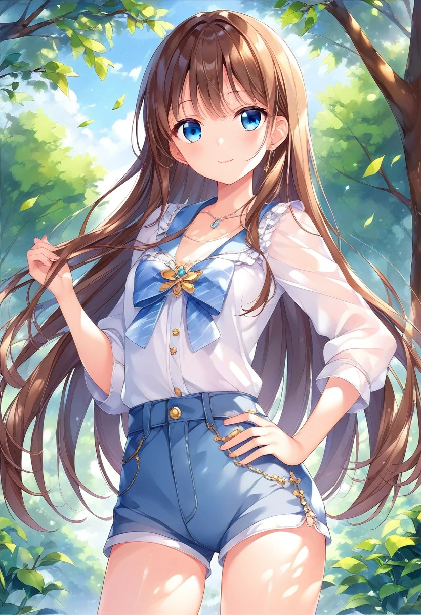 Semi-long and blue、blue eyes、beautiful girl、Smiling、A middle school girl with slanted eyes、A light jumper and shorts、tall、Mid-chest、Park Anime Girl, Enchanting anime girl,One hand on hip anime style, Best anime girl, Small curves, rei hiroe,  style, Anime Moe Art Style, Cute girl anime visuals, Beautiful attractive anime teen,
