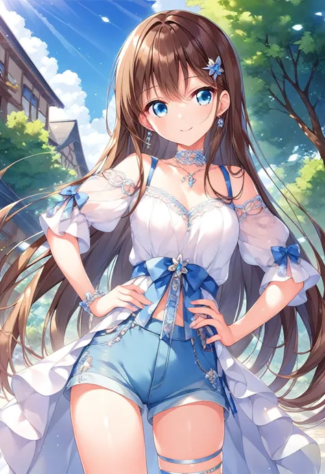 semi-long and blue、blue eyes、beautiful girl、smiling、a middle school girl with slanted eyes、a light jumper and shorts、tall、mid-ch...