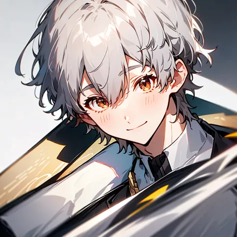 silver hair、male、smile, bangs, 目の間のbangs, highest quality, smile, uniform