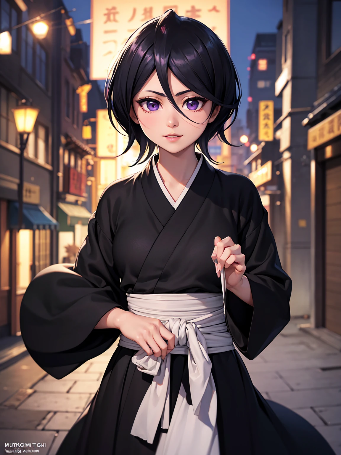 Well done work highly detailed with high resolution, sharp lines and colors perfect lighting detailed face, detailed hair detailed eyes detailed nose detailed lips, a beautiful girl with short black hair, purple eyes with a short smile wearing a black kimono, city at night, Rukia Kuchiki.