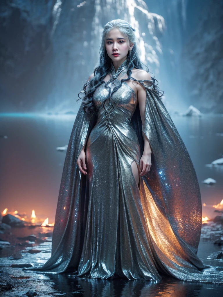 HD wallpaper, Glowing curves and metallic streaks of light on the icy surface of the lake, Top-down photography in a cinematic poster style and high definition, ในรูปแบบของ Game of Thrones, Unpleasant, horror, Looks scary, UHD, 8K resolution, balance, High dynamic range color, Strong highlights