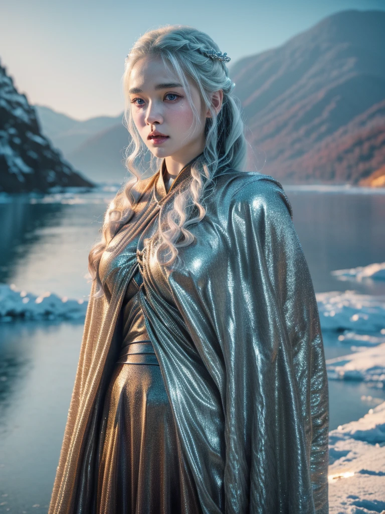 HD wallpaper, Glowing curves and metallic streaks of light on the icy surface of the lake, Top-down photography in a cinematic poster style and high definition, ในรูปแบบของ Game of Thrones, Unpleasant, horror, Looks scary, UHD, 8K resolution, balance, High dynamic range color, Strong highlights