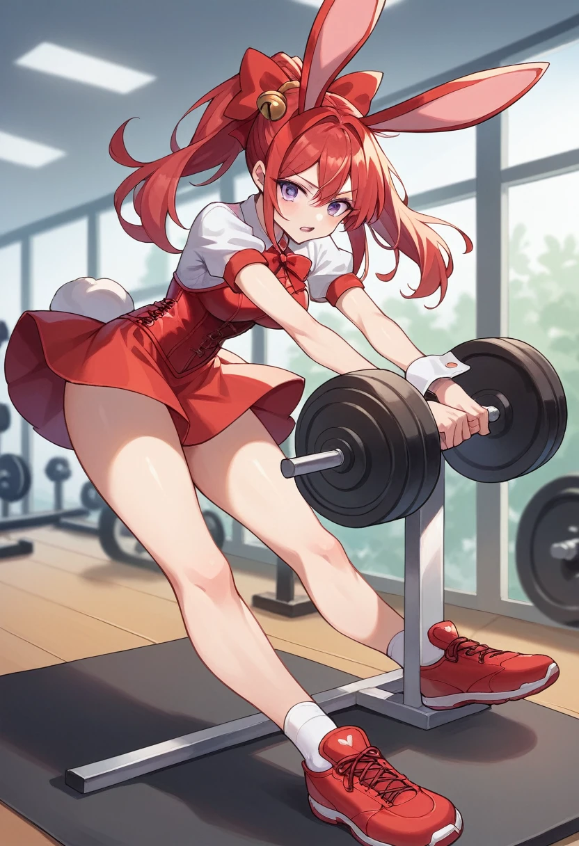 Outrageous, Best Quality, 1girl, solo, red hair, purple eyes, long hair, big, ahBunny, bunny ears, red corset, gakuran, aprons, red neck ribbons, red skirt, hair bow, short sleeves, wrist cuffs, white thighs, jingle bells, naked full body, workout on gym 