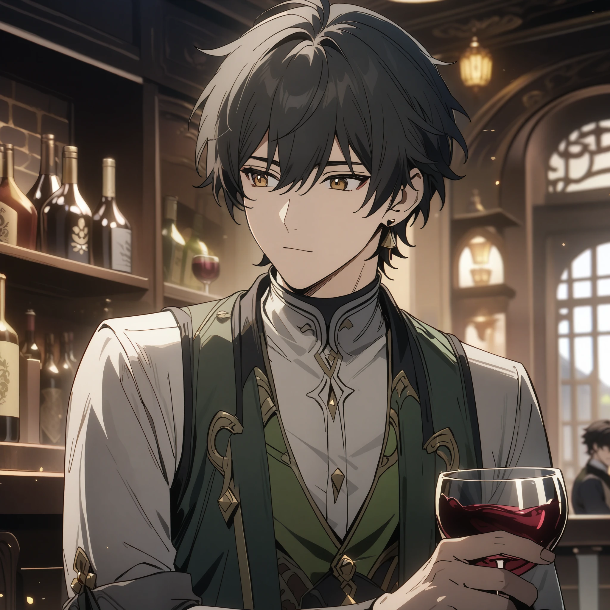 rover from wuthering waves, 1boy, drinking wine, black hair, souma shiki hair, gold eyes, handsome face, green waistcoat, waistcoat, folded sleeves, bar background, upper body, decorative, masterpiece, high quality, hd, 4k, upper body, genshin artstyle, black earings