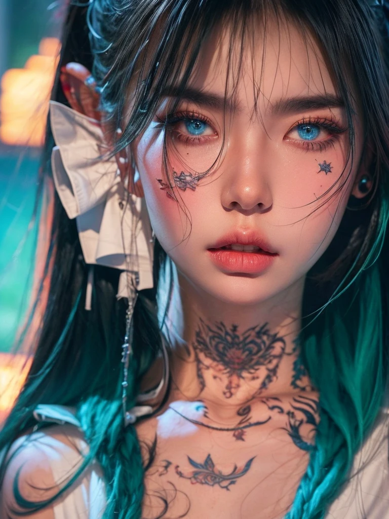 a highly detailed photorealistic portrait of a beautiful young woman, long blue hair, large breasts, wearing long white lab coat over black office skirt, tattoos and long legs visible, bored expression, captivating blue eyes, long eyelashes, small nose, full lips, exceptional clarity and depth, intricate details, laboratory environment, 8k, ultra-detailed, realistic, cinematic lighting, masterpiece