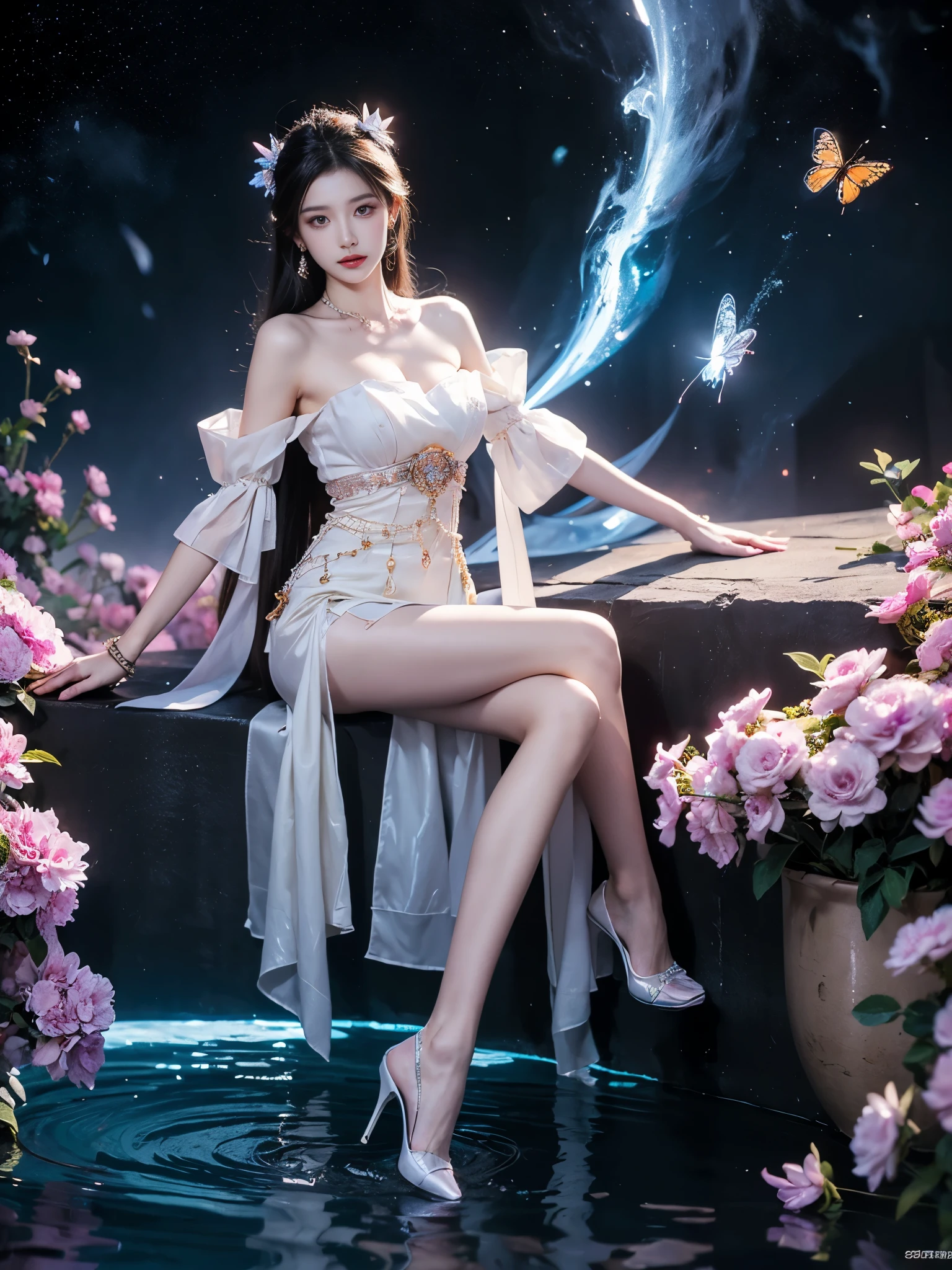 guqinghan, jrys,
high heels,bare shoulders, see-through, jewelry,strapless, collarbone, bracelet, off shoulder,earrings, bow,cleavage, tube dress, strapless dress graceful dance movements, Long legs , Water play，Sitting，Sitting in the pool，play， ((Flowing long hair))Official Art , Unity8k Wallpaper , Extremely detailed , Visible cleavage, Pretty and beautiful , Sexy long legs, masterpiece , best quality ,Practical, Very detailed illustrations ,Extremely detailed , Intricate details , Extremely complex and detailed , Very detailed 8KCG wallpaper , Caustics .reflection , Ray Tracing , Devil Theme ,nebula ,Dark aura, Network Effects , (1 Girl)Solitary , 小蓝Butterfly , Dozens of monarch butterflies around , (Blue plasma flame , (insect , Butterfly)) 圣光Butterfly天使 , Butterfly翅膀 , Pastel tones in Rococo style ,Light white and light dark red , Incredibly beautiful , Cherry blossoms , Surrealism ,painting , Ethereal , Mixing reality and fantasy elements ,Ray Tracing , Complex patterns , Delicate lines , Perfect your hands, Starry Sky , rich and colorful , Star