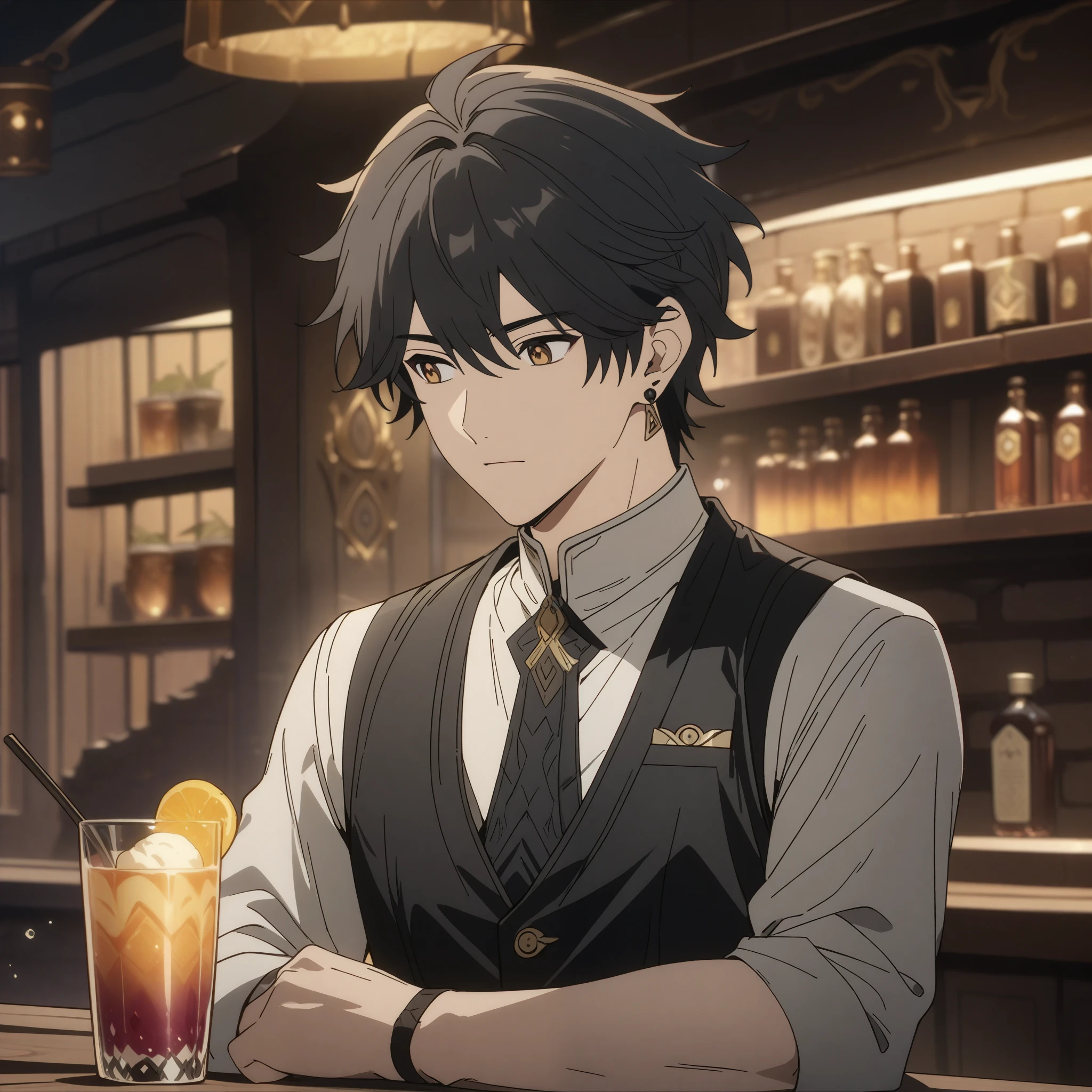 rover from wuthering waves, 1boy, examining fantasy drink, black hair, flat hair, souma shiki hair, gold eyes, handsome face, black waistcoat, waistcoat, folded sleeves, bar background, upper body, decorative, masterpiece, high quality, hd, 4k, upper body, genshin artstyle, black earings