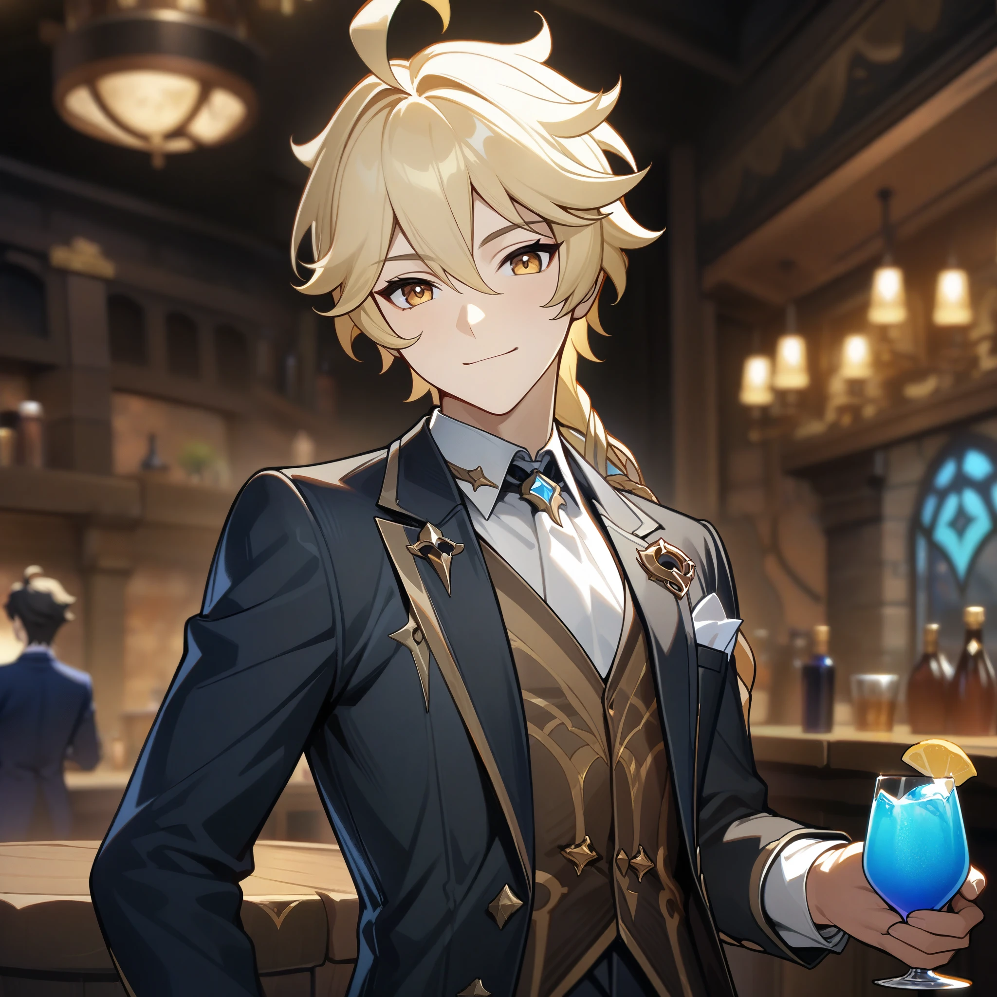 aether, aether from genshin impact, 1boy, bartender in a stylish pose, holding glass, blonde, gold eyes, cute face, black suit, blue drink, simple formal suit, gold waistcoat, tavern background, side view, close up, decorative, masterpiece, high quality, hd, 4k, upper body, smiling, 