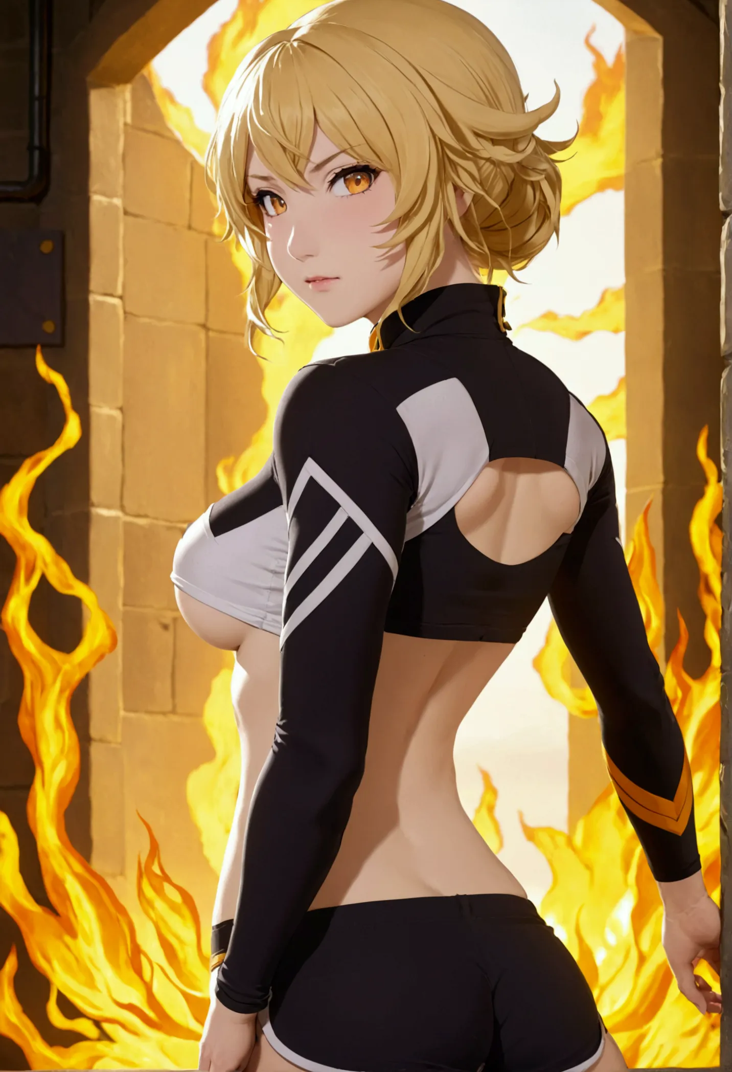 (promotional art), (whole body), yang xiao long of 'rwby', aroused face, yellow hair, mystic fire all around, skin tight shorts,...