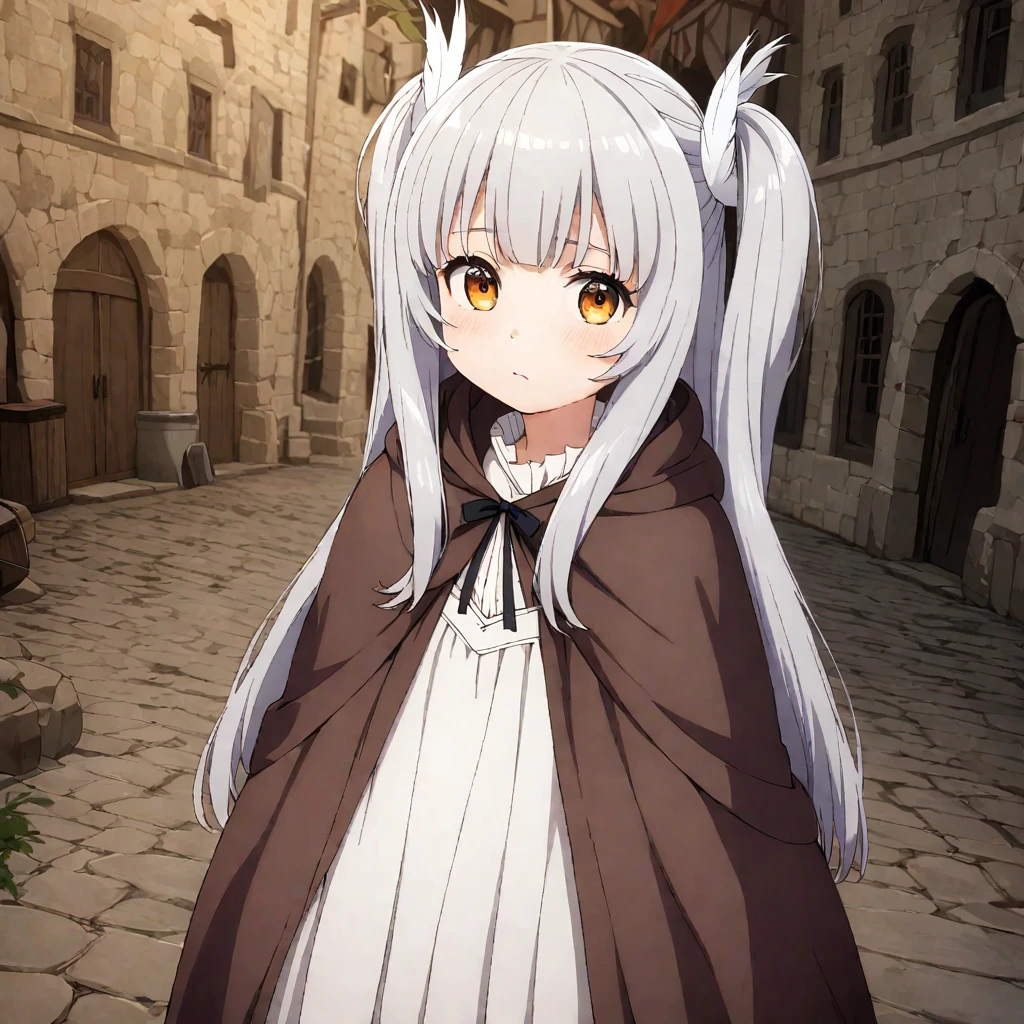 16 year old girl, bearish short girl, Super detailed, very delicate and beautiful, game CG, flat chest, long hair, white hair, young girl, wizard, White Hat wizard, feather ornament, long two side up hair, one girl, pleated skirt, loose brown cloak, white batwing tops, white loose fit blouse, {{{wizard's big white hat}}}, masterpiece Super detailed, very delicate and beautiful, flat chest, long hair, gray hair, wizard, feather ornament, two side up hair, one girl, brown cloak, medieval town, anatomically correctct, illustration, illustration, masterpiece,Woman with two-side up hairstyle, with long hair flowing down on the sides