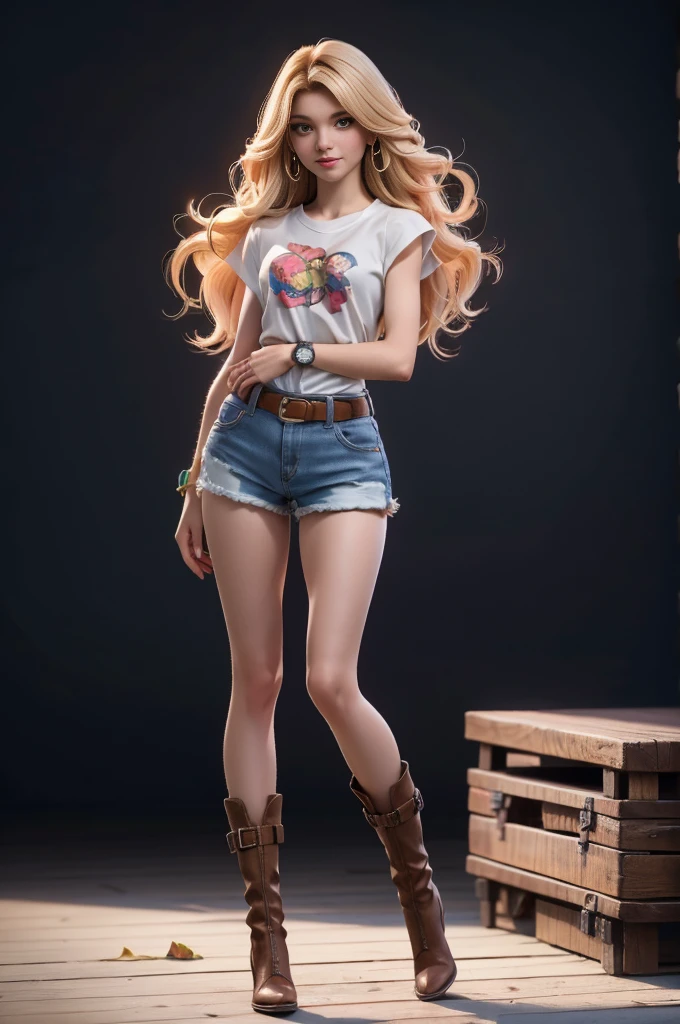 ((Full Body Shot)),16k cg wallpaper, 16k Ultra HD, 8k cg wallpaper, 8k Ultra HD, Photo),((highest quality, Highest Resolution, Award-winning portraits, Official Art)), ((A perfect masterpiece)), ((Realistic)) Ultra-high definition photography, Very detailed, Woman with beautiful face, blonde,((Precision watch on your wrist)), （Roll up sleeves：1.5）,White sleeveless T-shirt,Denim shorts, belt,short boots,Long legs, Navel exposed, Dark room, nice warm colors, Head to Toe, Full Body Shot, Clean hands, Perfect Fingers, Medium chest, Curvaceous figure, View your viewers