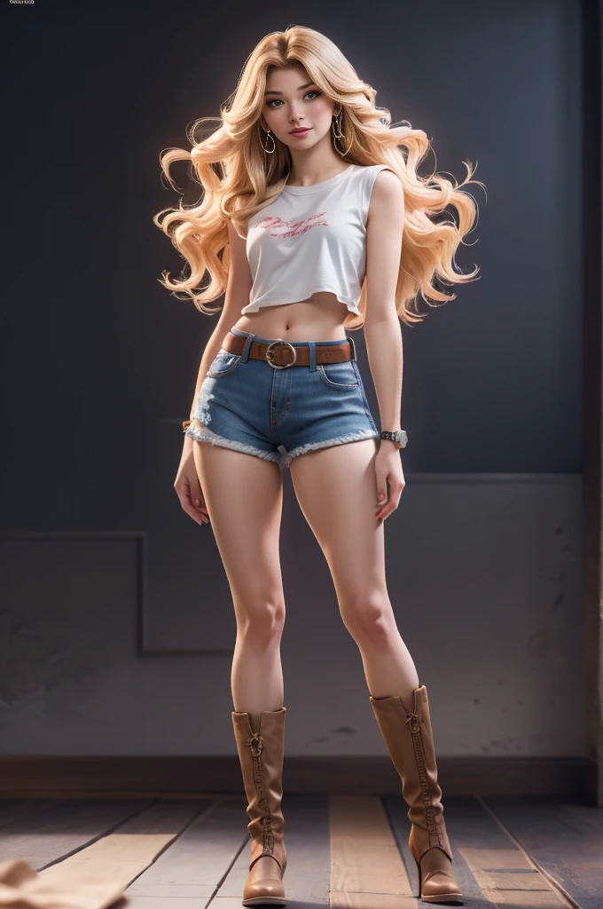 ((Full Body Shot)),16k cg wallpaper, 16k Ultra HD, 8k cg wallpaper, 8k Ultra HD, Photo),((highest quality, Highest Resolution, Award-winning portraits, Official Art)), ((A perfect masterpiece)), ((Realistic)) Ultra-high definition photography, Very detailed, Woman with beautiful face, blonde,((Precision watch on your wrist)), （Roll up sleeves：1.5）,White sleeveless T-shirt,Denim shorts, belt,short boots,Long legs, Navel exposed, Dark room, nice warm colors, Head to Toe, Full Body Shot, Clean hands, Perfect Fingers, Medium chest, Curvaceous figure, View your viewers