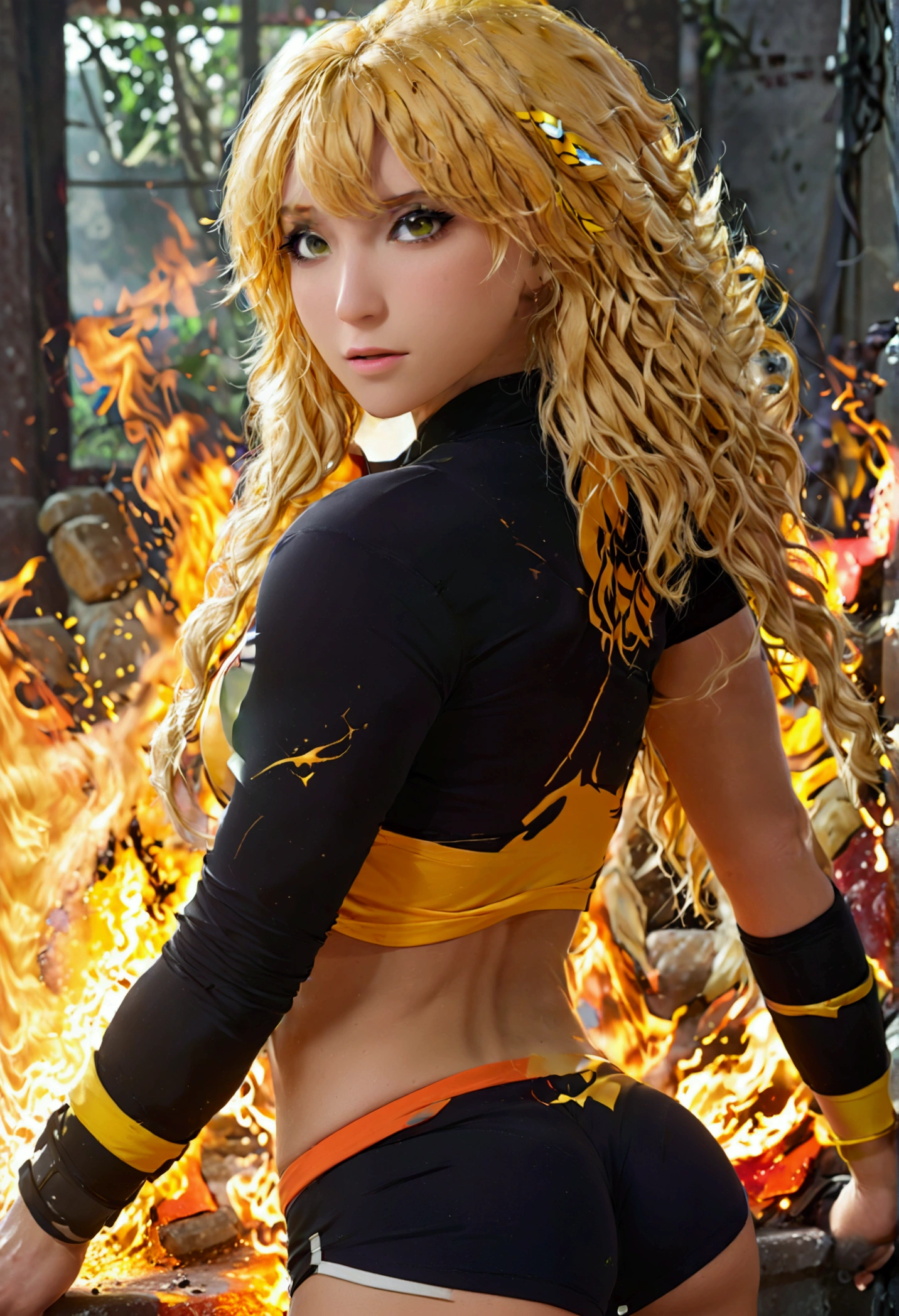 (promotional art), (Whole body), Yang Xiao Long of 'RWBY', aroused face, yellow hair, mystic fire all around, skin tight shorts, booty cheek shorts, 3/4 looking back pose, lean muscle, strong glutes, ass cheek peaks out from shorts, shorts are wedgied, underboob showing