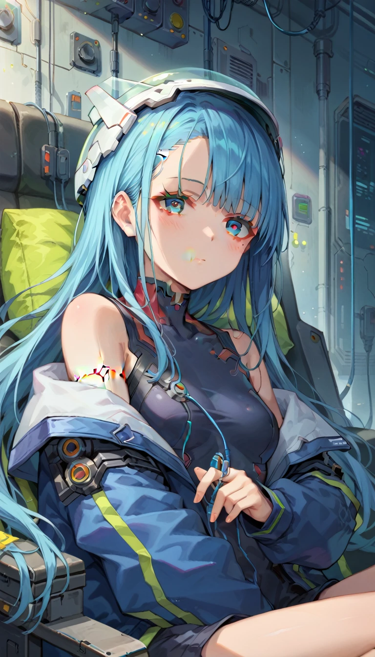 score_9, score_8_up, score_7_up, masterpiece, absurdres, source_anime, cyberpunk world, netrunner girl, in a cyberpunk garage with neon, lots of screens around her, ultra detailled background, 1girl, blue hair, long hair, blushing, on a futuristic chair, sleeping, (futuristic eye-covering helmet:1.6), futuristic skin-tight suit, (lots of electrical cables plugged into her head:1.6)