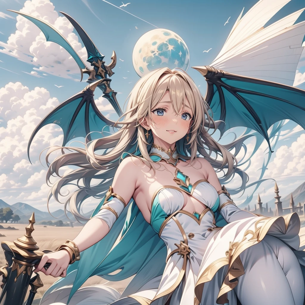 (Turquoise fantasy style) ,(8K),(illusory),Solitary,1 Girl,Yellow hair, Devil's Point,Gradient Wing, Practical, best quality, masterpiece, Ultra Detailed, Ultra-high resolution,rest (outdoor),Flying in the sky,moon,spear,Look at the audience,Scary face