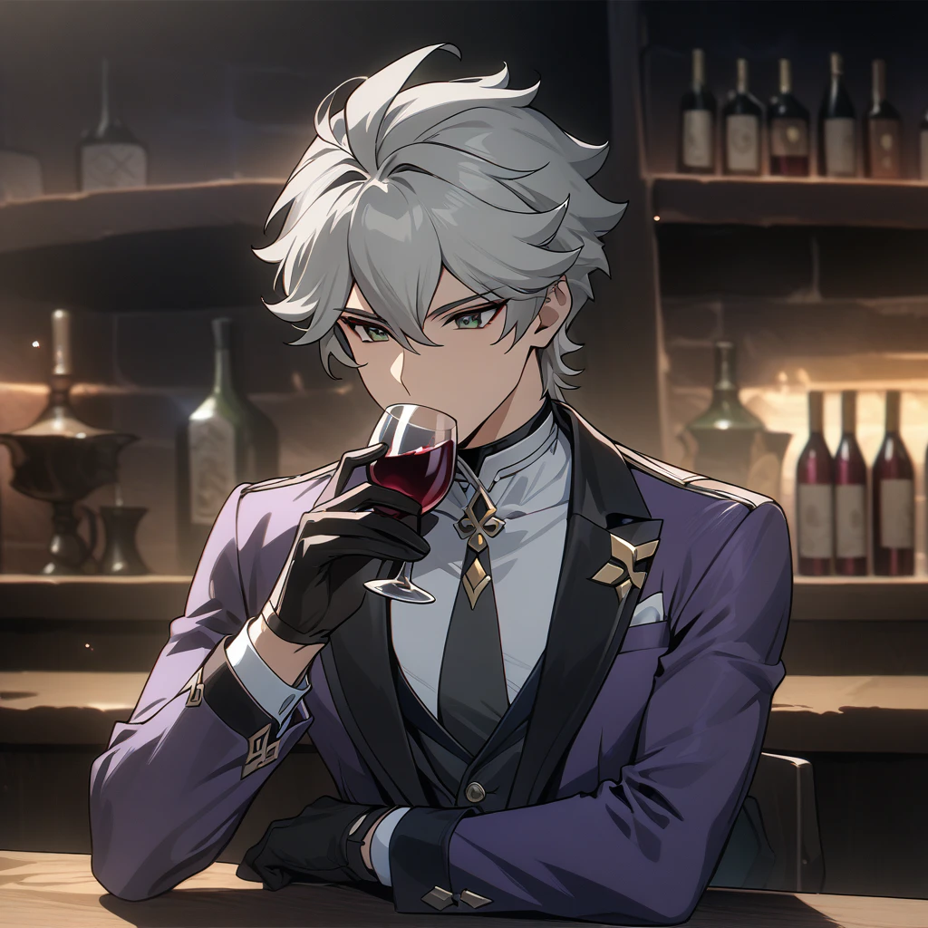 wise from zenless zone zero, 1boy, drinking wine, light grey hair, souma shiki hair, dark green eyes, handsome face, purpurple suit, black  gloves, bar background, upper body, decorative, masterpiece, high quality, hd, 4k, upper body, genshin artstyle, 