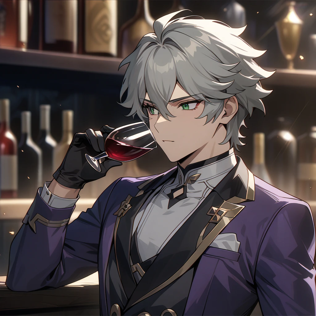 wise from zenless zone zero, 1boy, drinking wine, light grey hair, souma shiki hair, dark green eyes, handsome face, purpurple suit, black  gloves, bar background, upper body, decorative, masterpiece, high quality, hd, 4k, upper body, genshin artstyle, 