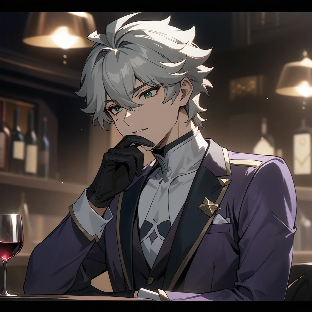 wise from zenless zone zero, 1boy, drinking wine, light grey hair, souma shiki hair, dark green eyes, handsome face, purpurple suit, black  gloves, bar background, upper body, decorative, masterpiece, high quality, hd, 4k, upper body, genshin artstyle, 