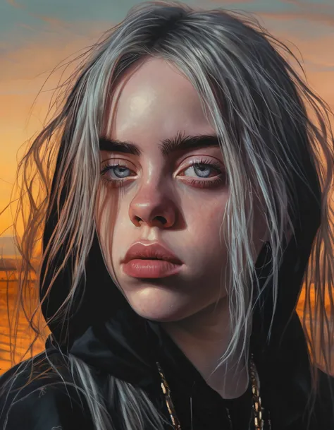 billie eilish, 1girl, beautiful detailed eyes, beautiful detailed lips, extremely detailed face and eyes, long eyelashes, showin...