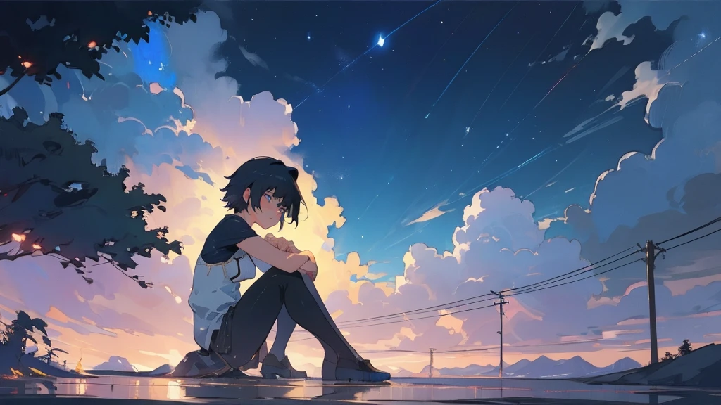 masterpiece,night,(dark alley),star、Night Sky、milky way、octone、
(1. Female), (独奏), Knee hugging sitting，acousticguitar、Makoto Shinkai-esque colors