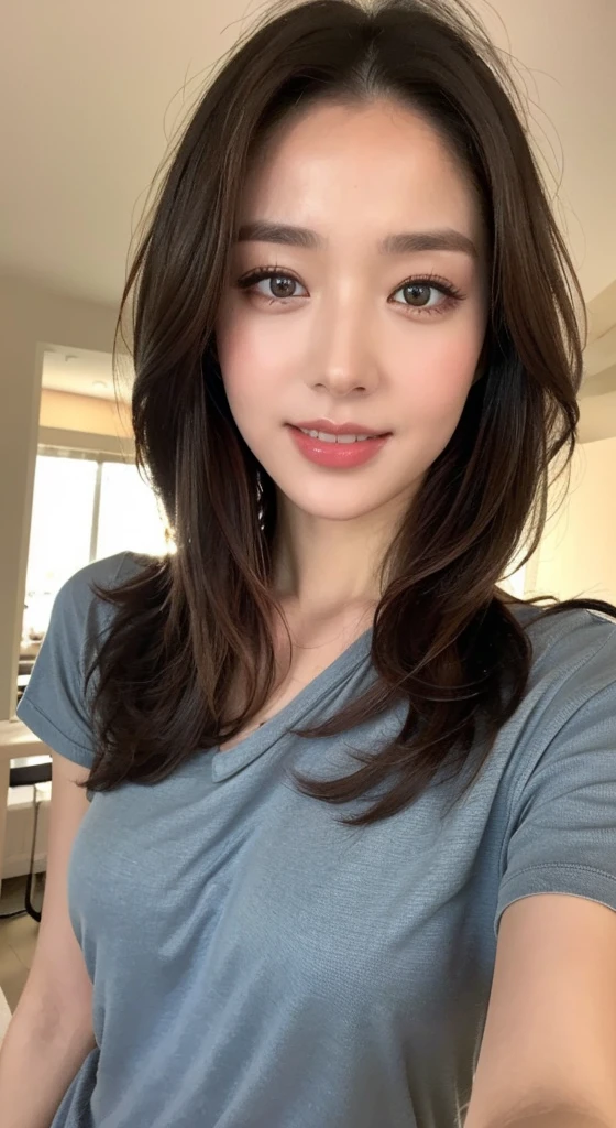 ((Best Quality, 8K, Masterpiece: 1.3)), tall and beautiful woman, Perfect figure: 1.4, Dark brown hairstyle, short hair, white T-shirt, no postural movement, Standing straight, Very detailed face and skin texture, Detailed eyes, Double eyelids, Smile