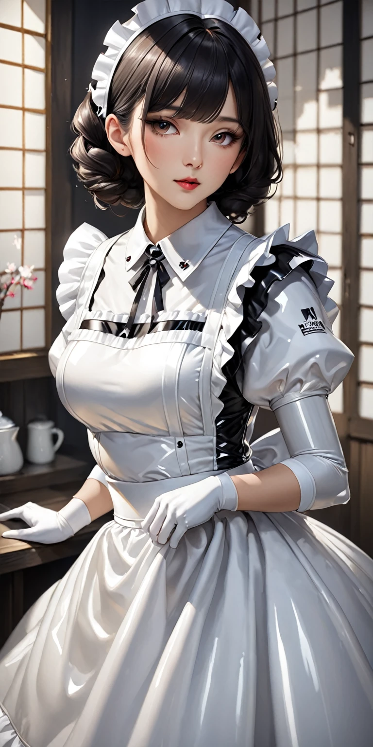 Portraiture、(masterpiece,Highest quality,Ultra-high resolution),Japanese women, (((Very beautiful 25 year old girl))),(Shiny white latex maid outfit)、(White latex long skirt)、(A long-sleeved white latex shirt covering the upper body)、White latex long gloves、White latex tights、Latex bodysuit、The clothes fit snugly to the body、Latex is very shiny、Dark Room、