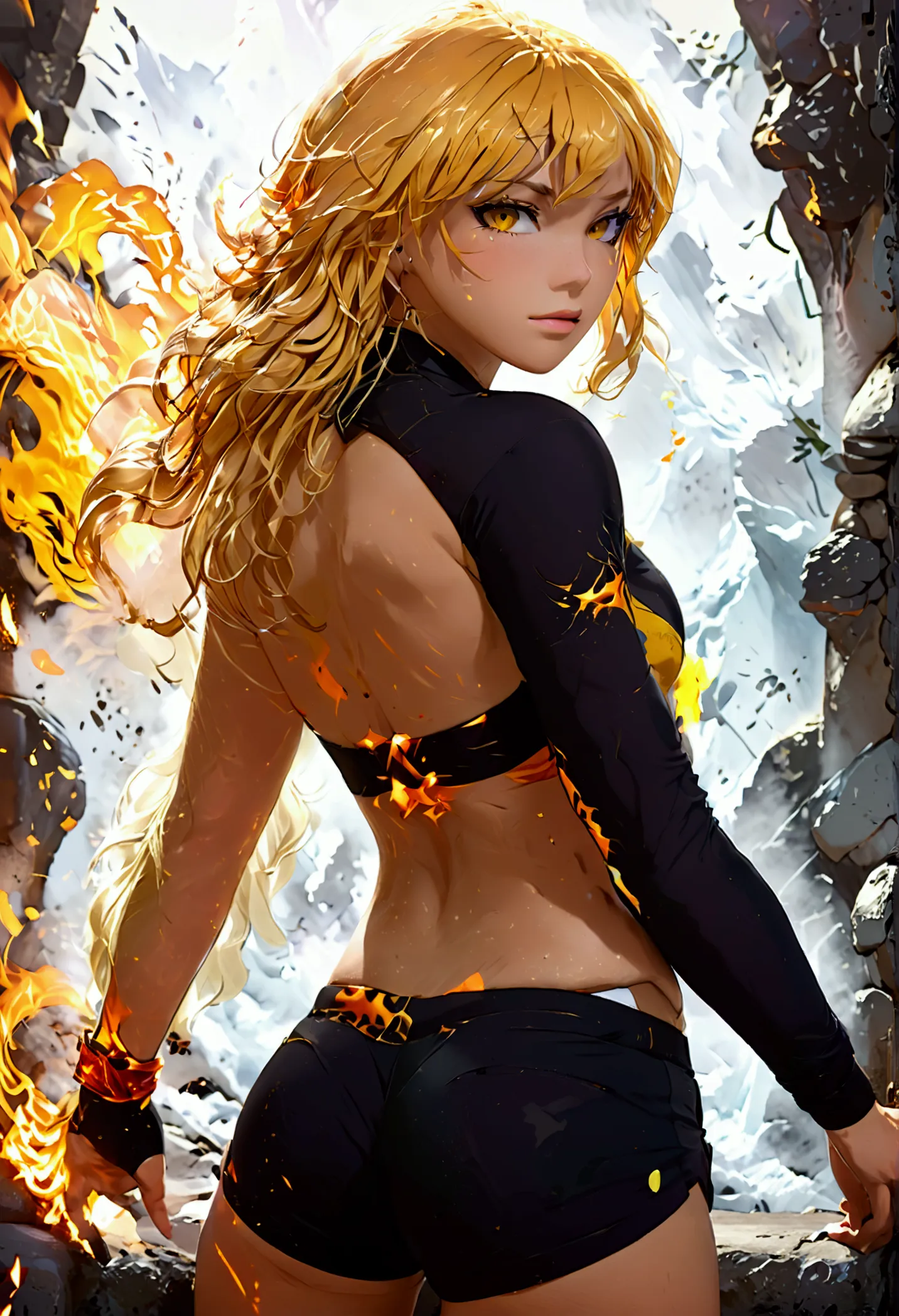 (promotional art), (whole body), yang xiao long of 'rwby', aroused face, yellow hair, mystic fire all around, skin tight shorts,...