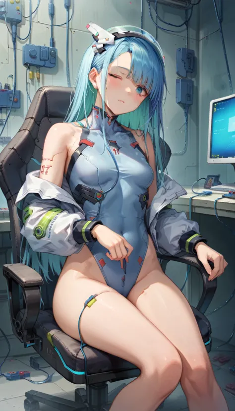 score_9, score_8_up, score_7_up, masterpiece, absurdres, source_anime, cyberpunk world, netrunner girl, in a cyberpunk garage wi...