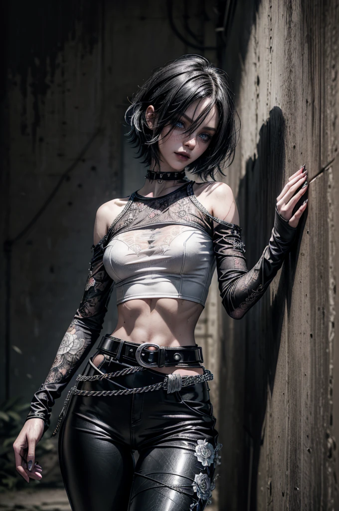 (Detailed illustrations, Very detailed and detailed drawing, Delicate lines with slow and rapid, Realistic texture expression), One woman with very short white hair with black tips, ( emo hairstyle, ), goth, pale white skin, evil smirk, (girls bedroom background), dark lighting, cold atmosphere, lore_Emma , blue eyes , dark eyeliner, (ultra dark glossy black lipstick), bored expression, gorgeous face , super cute, 18 years old , hyper detailed face, (super skinny figure , small breast, thin waist), back leaning against wall, one raised arm behind head, slim legs, slim hips, LowriseXL, (ultra low rise wet look shiny leather pants with transparent flower pattern), (mesh shirt with flower pattern under bare shoulder white t-shirt), black choker, vulva tattoo, (white lotus flower in hair), ((flower pattern tattoo)), fingerless leather gloves, (black nail polish), faded tattoo's, ((thigh belt)), ((hip chains)), ((belt hanging on hip)), ((many studded belts))