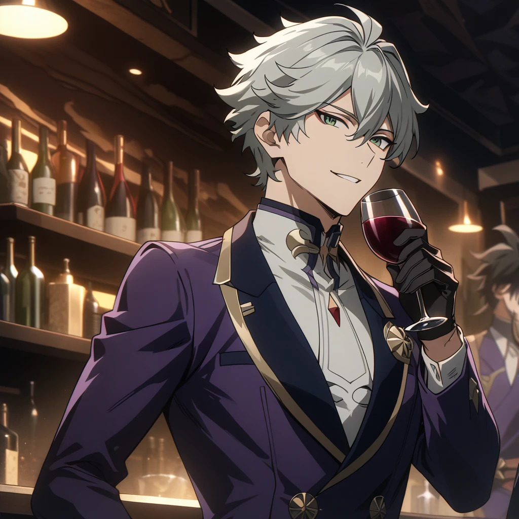 wise from zenless zone zero, 1boy, drinking wine, light grey hair, souma shiki hair, dark green eyes, handsome face, purpurple suit, black  gloves, bar background, upper body, decorative, masterpiece, high quality, hd, 4k, upper body, genshin artstyle, smiling