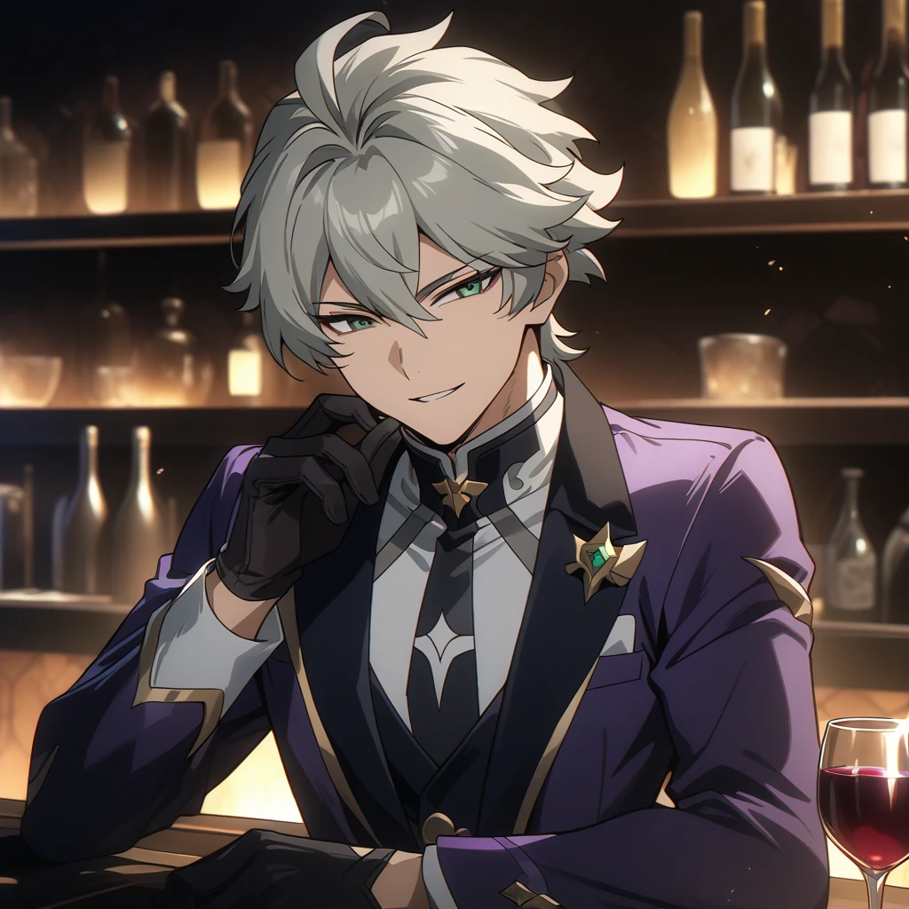 wise from zenless zone zero, 1boy, drinking wine, light grey hair, souma shiki hair, dark green eyes, handsome face, purpurple suit, black  gloves, bar background, upper body, decorative, masterpiece, high quality, hd, 4k, upper body, genshin artstyle, smiling