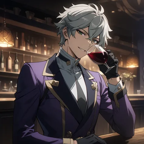 wise from zenless zone zero, 1boy, drinking wine, light grey hair, souma shiki hair, dark green eyes, handsome face, purpurple s...