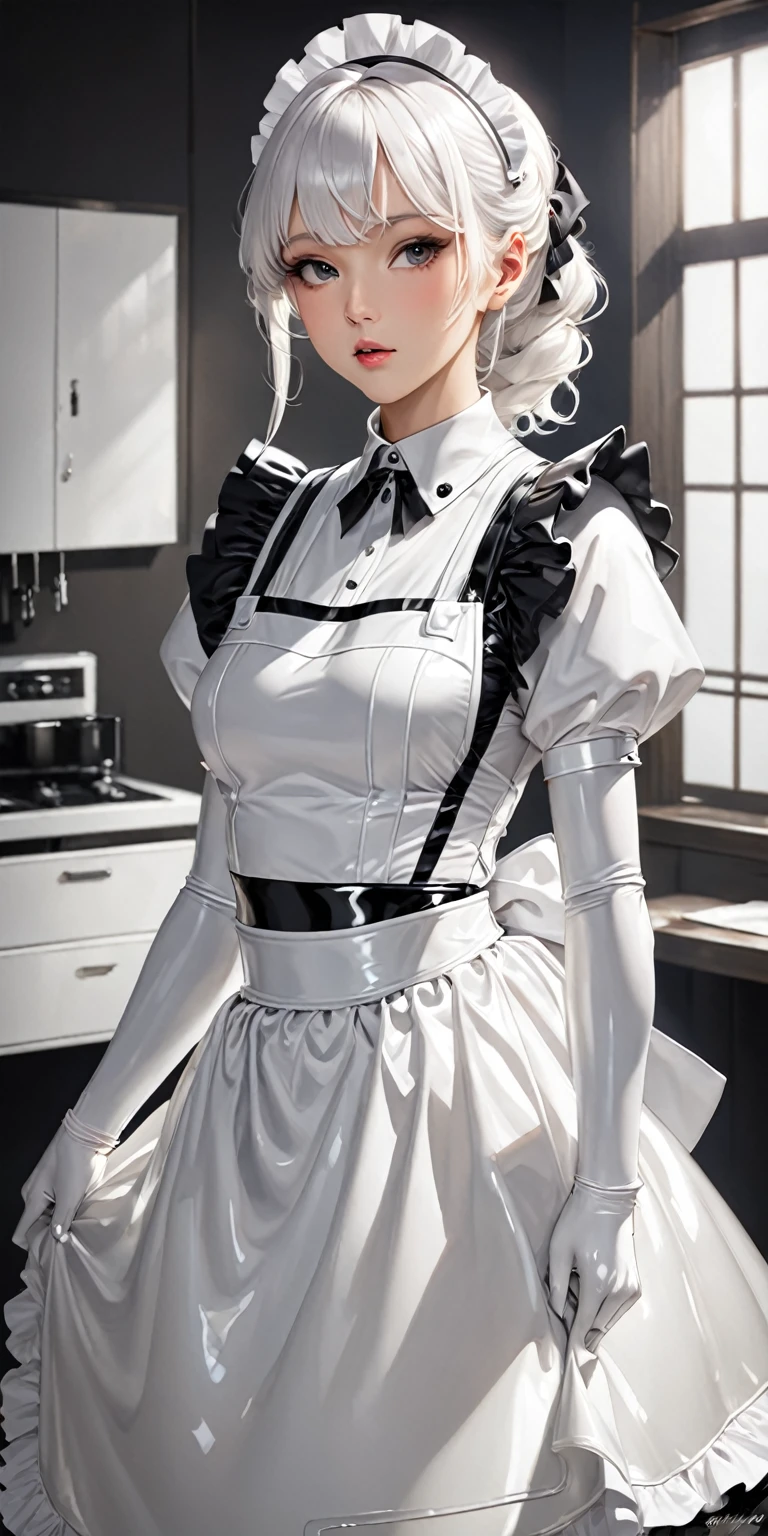 Portraiture、(masterpiece,Highest quality,Ultra-high resolution),Japanese women, (((Very beautiful 25 year old girl))),(Shiny white latex maid outfit)、(White latex long skirt)、(Long sleeve shiny white latex shirt)、White latex long gloves、White latex tights、Latex bodysuit、The clothes fit snugly to the body、Latex is very shiny、Dark Room、