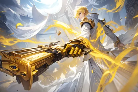 1boy, solo, golden gun, shooting, effect light, yellow hair, blue eyes, white clothes