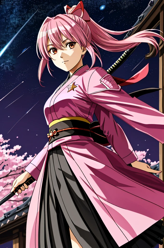 Highest quality，Sakura Shinguji，（smug face），Sharp Eye， (日Book刀)，Military commander，Ninja，（Starry Sky_background），Young Girl， ４K，alone, whole body，looking at the camera, （pink_coat），（Red_ribbon），（５Book_refer to）, （正確なrefer to先）, Hyper Detail