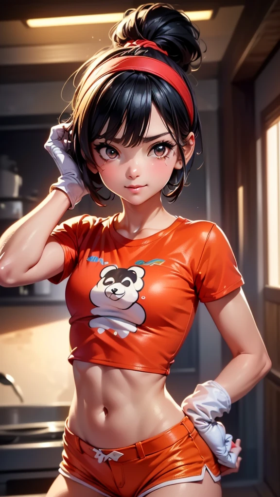 (((best 32k quality))), (((highest 32k quality))), photorealistic, (((perfect anatomy))), (((perfect face))), perfect eyes, (((pandballgt))), 1 girl, black eyes, black hair, short hair, orange headband, (((short shorts))), half-finger gloves, (((red t-shirt, crop top))), ((sexy))