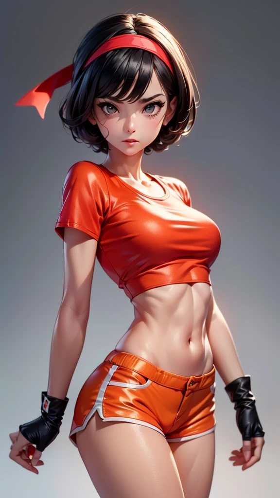 (((best 32k quality))), (((highest 32k quality))), photorealistic, (((perfect anatomy))), (((perfect face))), perfect eyes, (((pandballgt))), 1 girl, black eyes, black hair, short hair, orange headband, (((short shorts))), half-finger gloves, (((red t-shirt, crop top))), ((sexy))