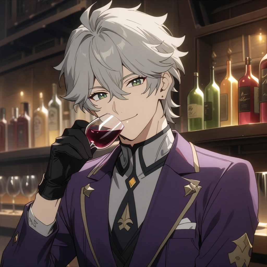 wise from zenless zone zero, 1boy, drinking wine, light grey hair, souma shiki hair, dark green eyes, handsome face, purpurple suit, black  gloves, bar background, upper body, decorative, masterpiece, high quality, hd, 4k, upper body, genshin artstyle, smiling