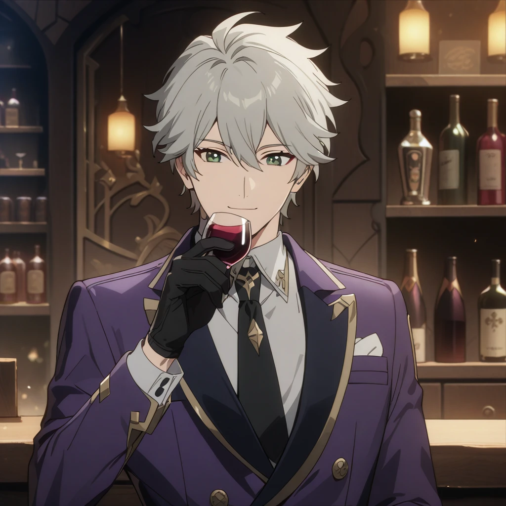 wise from zenless zone zero, 1boy, drinking wine, light grey hair, souma shiki hair, dark green eyes, handsome face, purpurple suit, black  gloves, bar background, upper body, decorative, masterpiece, high quality, hd, 4k, upper body, genshin artstyle, smiling