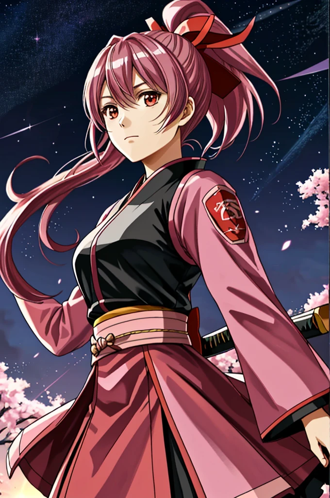 high quality，Sakura Shinguji，（smug face），Sharp Eye， (日Book刀)，Military commander，Ninja，（Starry Sky_background），Young Girl， ４K，alone, whole body，looking at the camera, （pink_coat），Red Skirt，（Red_ribbon），Black Hair，ponytail，（５Book_refer to）, （正確なrefer to先）, Hyper Detail