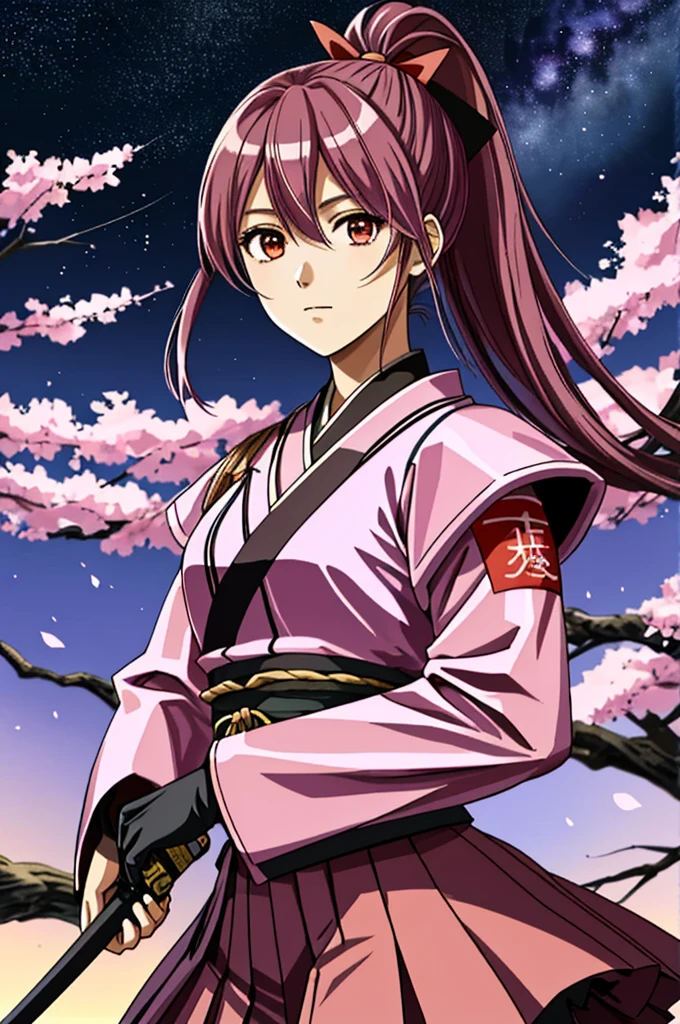 high quality，Sakura Shinguji，（smug face），Sharp Eye， (日Book刀)，Military commander，Ninja，（Starry Sky_background），Young Girl， ４K，alone, whole body，looking at the camera, （pink_coat），Red Skirt，（Red_ribbon），Black Hair，ponytail，（５Book_refer to）, （正確なrefer to先）, Hyper Detail