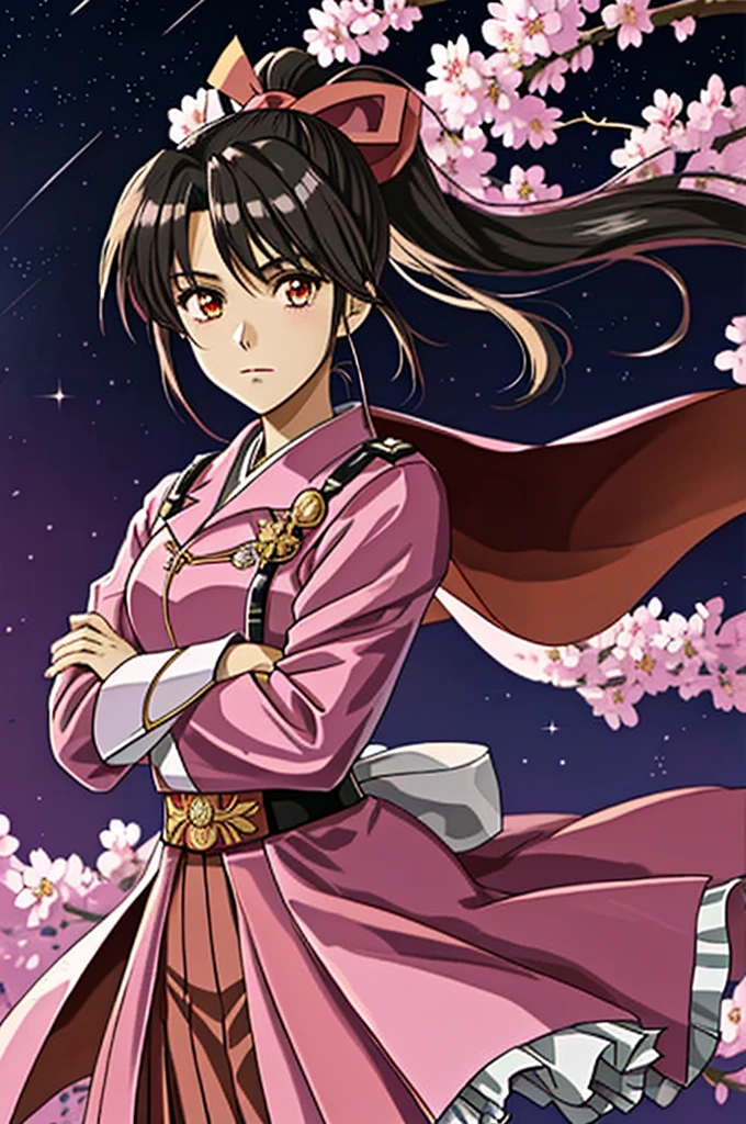 high quality，（Sakura wars_Sakura Shinguji），（smug face），Sharp Eye， (日Book刀)，Military commander，（Starry Sky_background），Young Girl， ４K，alone, whole body，looking at the camera, （pink_coat），Red Skirt，Red_ribbon，（Black Hair），ponytail，（５Book_refer to）,  Hyper Detail