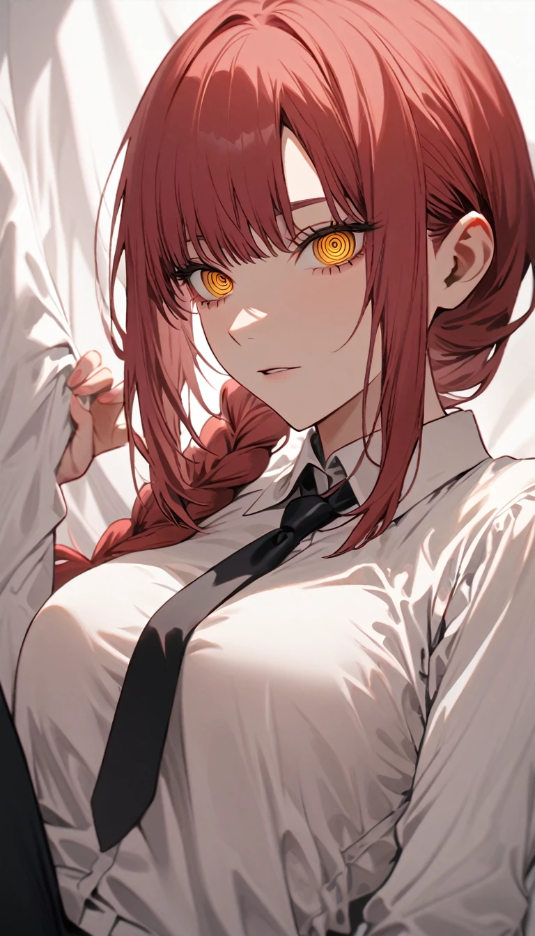 master piece,makima_(chainsaw_man), 1girl, asymmetrical bangs, black necktie, long braid hair, braided ponytail, medium hair, red hair, ringed eyes, sidelocks, yellow eyes, White dress shirts, long-sleeved shirt, medium large breasts, black pants,white sheet