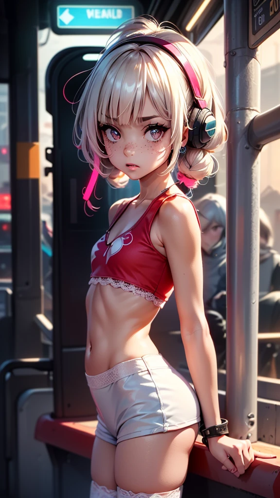 1girl, innocent, alone, ((waiting a bus:1.5)), (view_from_front:1.5), (instagram yanakryukova), (seductive_facial_expression:1.4), sweety, cute, kawaii, perfect face, galactic_young_princess, ((little breasts, flat_chested, small chest:1.6)), ((little nipples, natural nipples)), top model figure, (skinny), (perfect little ass, round ass, long legs, slim legs), pale skin, soft skin, caucasian teenager, slender girl, natural make-up on eyes only, perfecteyes, black_eyes, (innocent_looking:1.4), oval jaw, freckles, natural_beauty, (white hair, bright pink hair, dreadlocked pigtails, long bangs, drill hair), ((she is wearing a white transparent lace bodysuit,  print white cotton leggings, white transparent lace hoodie, lace collarbone, cleavage cutout, cameltoe, and techwear high boots)), ((wearing an intricate detailed techwear white outfit)), ((cute neon head accesories:1.6)), punk_hair_ornaments, pastel_goth, punk, fantasy_princess, necklace, earring, cute 18 years old girl, skinny young girl, white theme, (bokeh, depth of field, blurry background, light particles, fog), ((detailed sci-fi cyberpunk bus stop background:1.6)), ((real life, realistic, profesional photography, photo_realistic, hyper_realism, ultra-detailed)), photography by Tim Walker, Tim Walker masterpiece, best_quality, 8K, soft tones, pastel tones, low saturation, (contrast:0.3), muted colors, cold light, neon, Ex_Machina_movie, studio light, (((best 32k quality))), (((highest 32k quality))), photorealistic, (((perfect anatomy))), (((perfect face))), perfect eyes, (((pandballgt))), 1 girl, black eyes, black hair, short hair, orange headband, (((short shorts))), half-finger gloves, (((red t-shirt, crop top))), ((sexy)), Underwear brand,