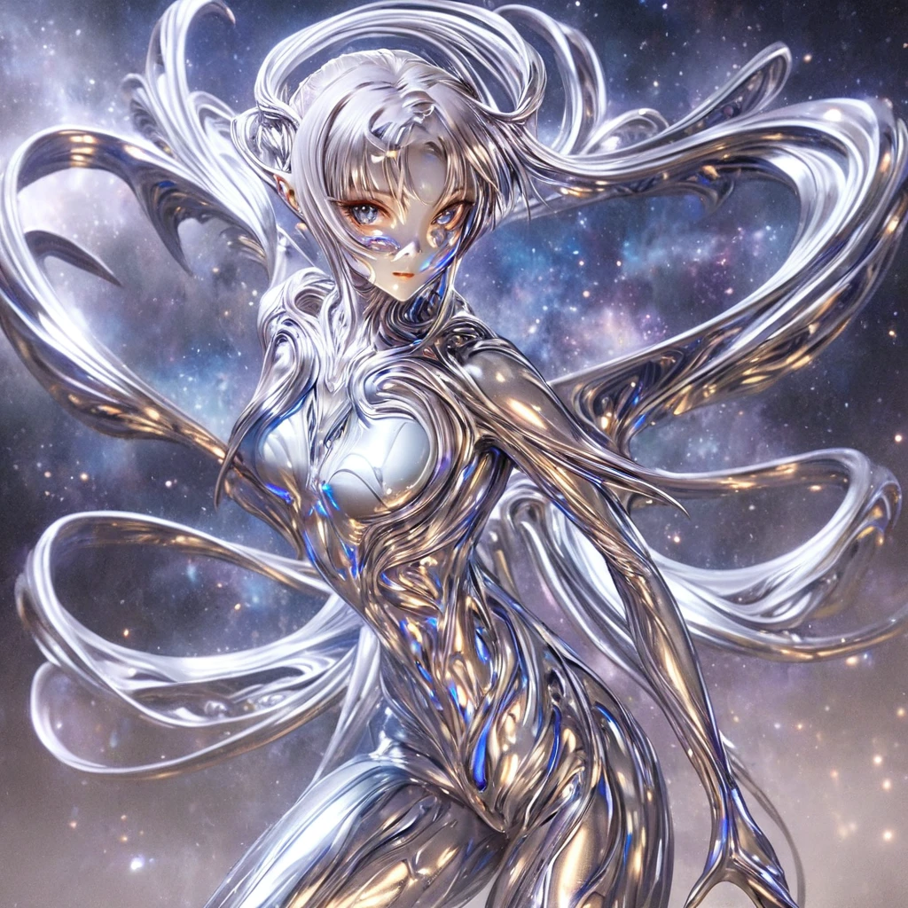 ((Highest quality)), ((masterpiece)), (detailed), （Perfect Face）、The woman is a completely metallic alien named Yuuki Asuna, with metallic silver skin, a metallic silver face, and metallic silver hair in medium-long layers.、The woman is a beautiful metallic alien lifeform, with a metallic face and body.、Women are metallic aliens with inorganic faces