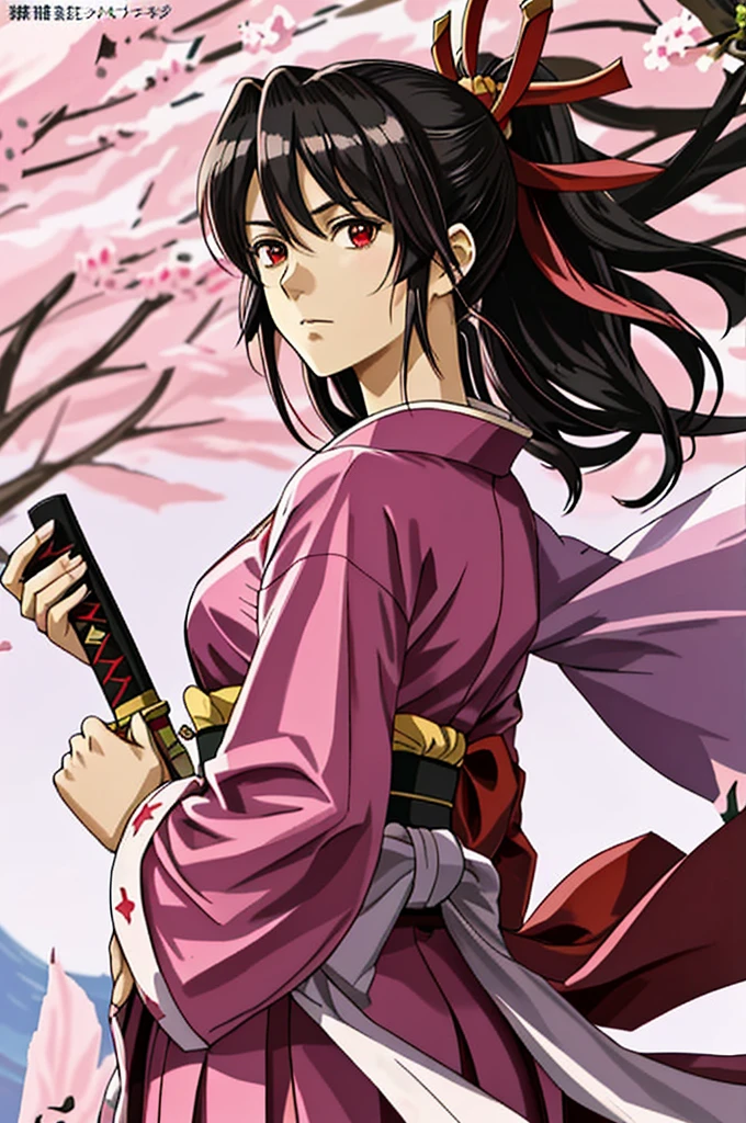 Highest quality，（Sakura wars_Sakura Shinguji），（smug face），Sharp Eye， (日Book刀)，Shrine maiden，kimono，（Starry Sky_background），Young Girl， ４K，alone, whole body，（pink_coat），Red long skirt，Red_ribbon，（Black Hair），ponytail，（５Book_refer to）, Hyper Detail