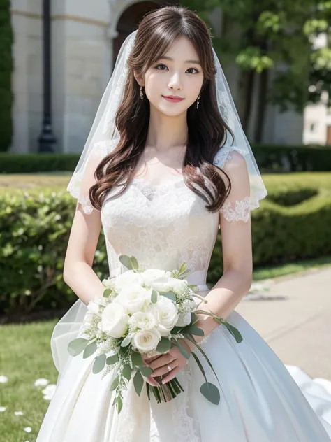 photo-realistic quality、a woman in a wedding dress holding a bouquet of flowers、standing in front of the church、20 year old japa...