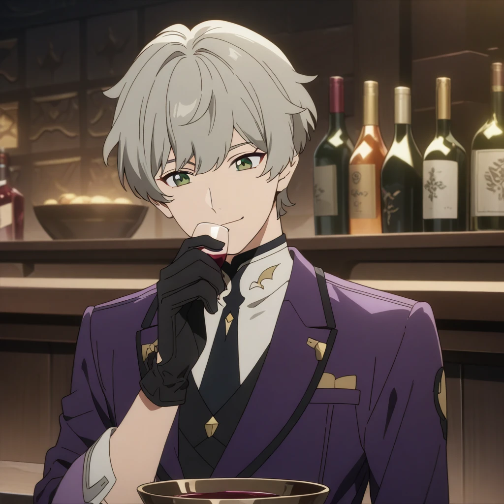 wise from zenless zone zero, 1boy, drinking wine, light grey hair, souma shiki hair, dark green eyes, front view, bowl cut hair , handsome face, purple suit, black gloves, bar background, upper body, decorative, masterpiece, high quality, hd, 4k, upper body, genshin artstyle, smiling